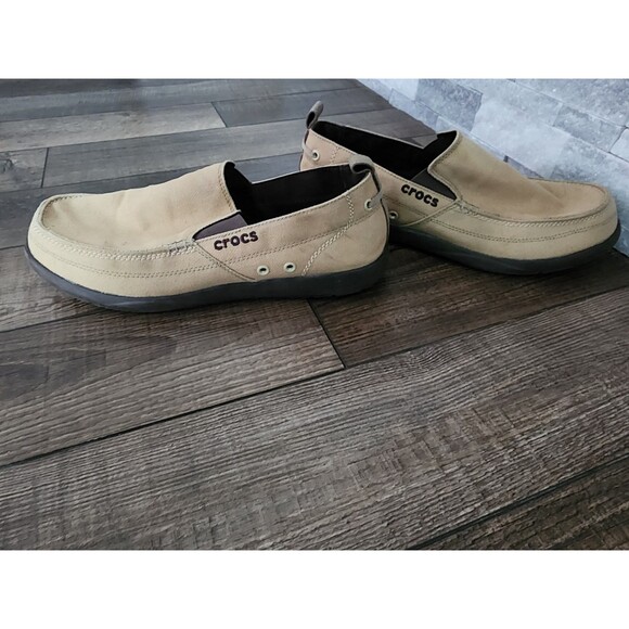 Crocs Walu Shoes Mens 12 Tan Canvas Slip On Loafer Comfort Casual Preppy - Picture 1 of 11